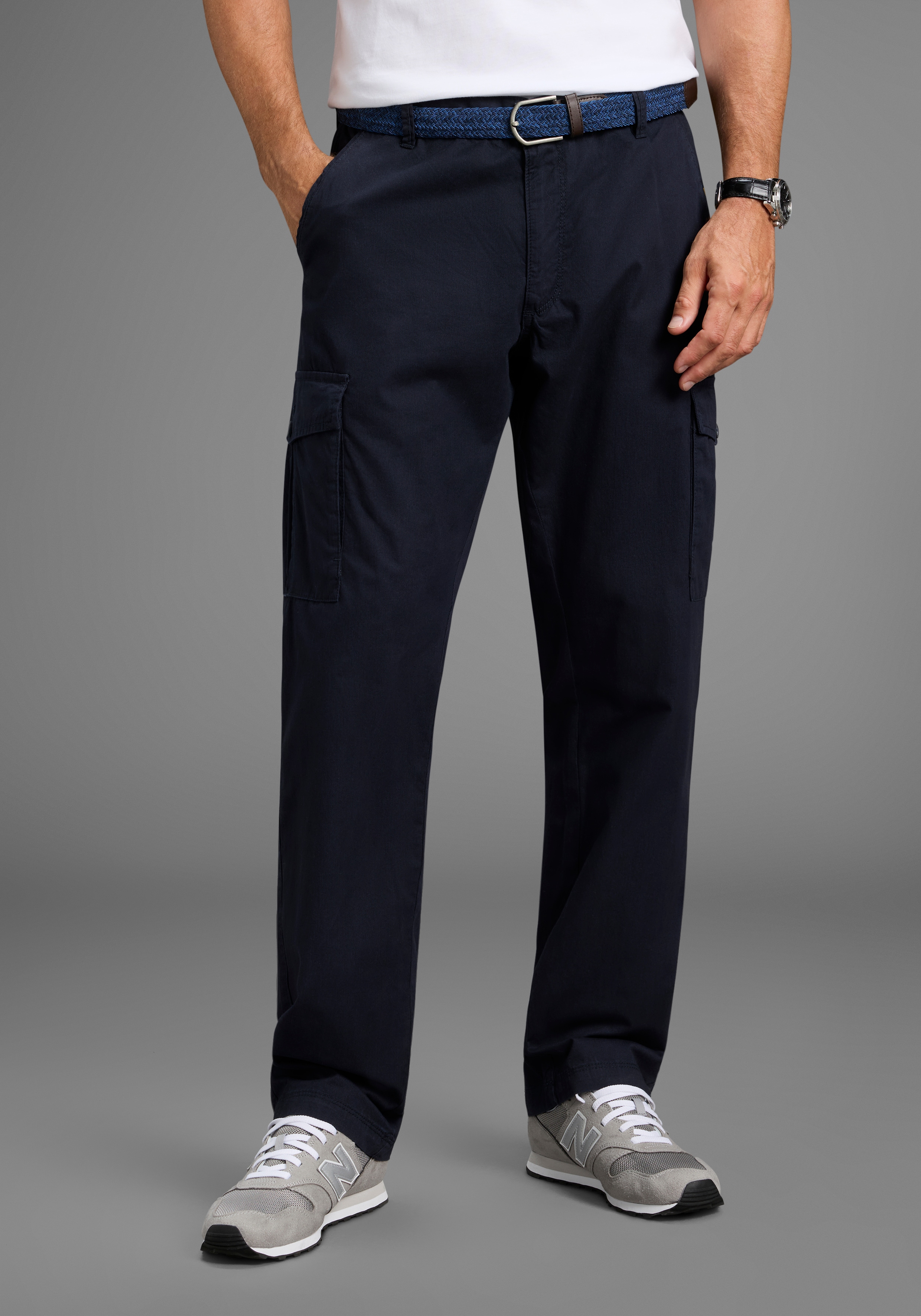 Cargohose MAN'S WORLD "Cargohose Große Größen inkl. Gürtel", Herren, Gr. 35, N + U Gr, marine, Web, Obermaterial: 100% Baumwolle, unifarben, regular fit lang, Hosen Cargohose, passt jeder Großen Größe inkl. Gürtel