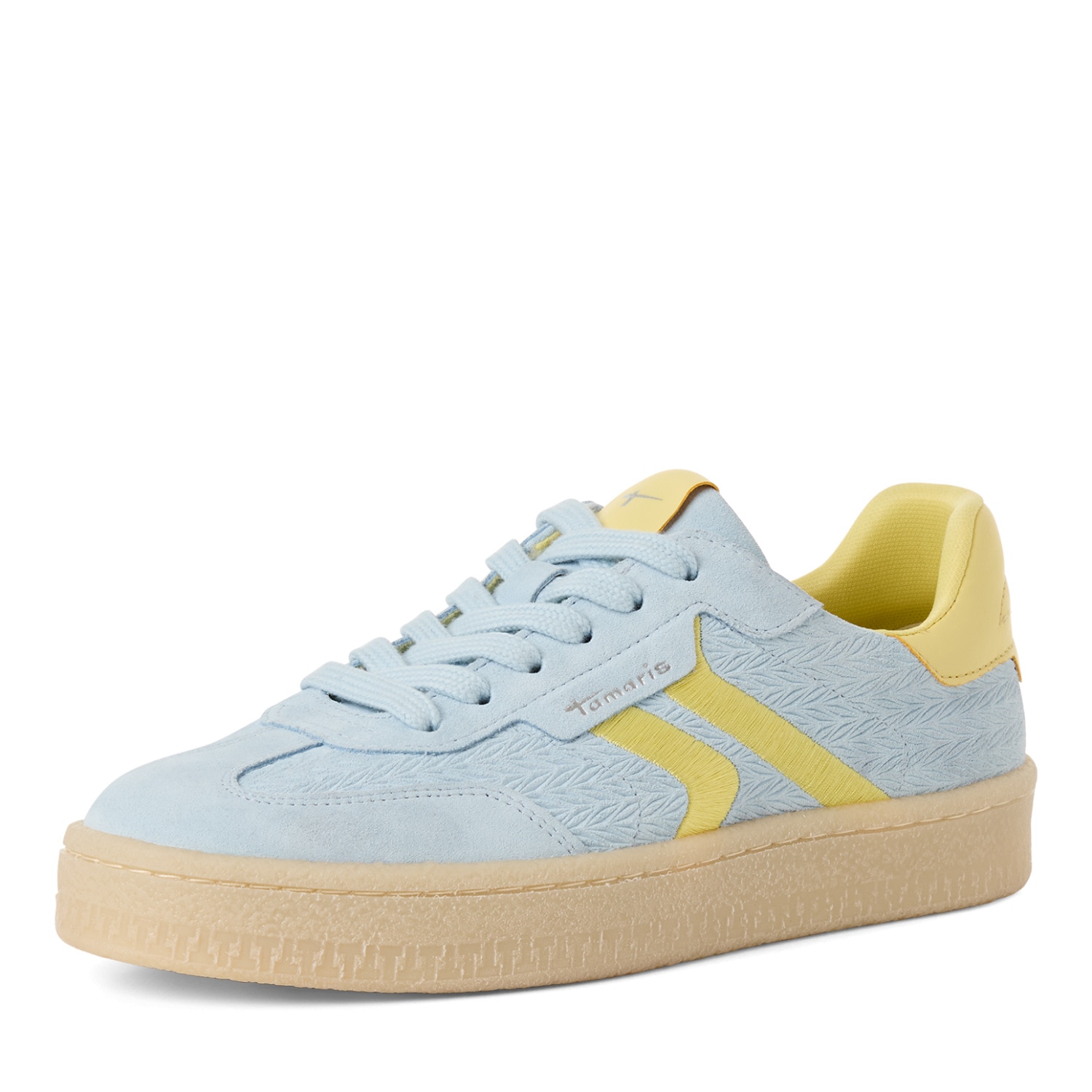 Plateausneaker TAMARIS, Damen, Gr. 41, hellblau, gelb, Lederimitat, Veloursleder, unifarben mit Farbeinsatz, Schuhe Plateausneaker, Schnürschuh, Halbschuh, Freizeitschuh mit gepolstertem Schaftrand