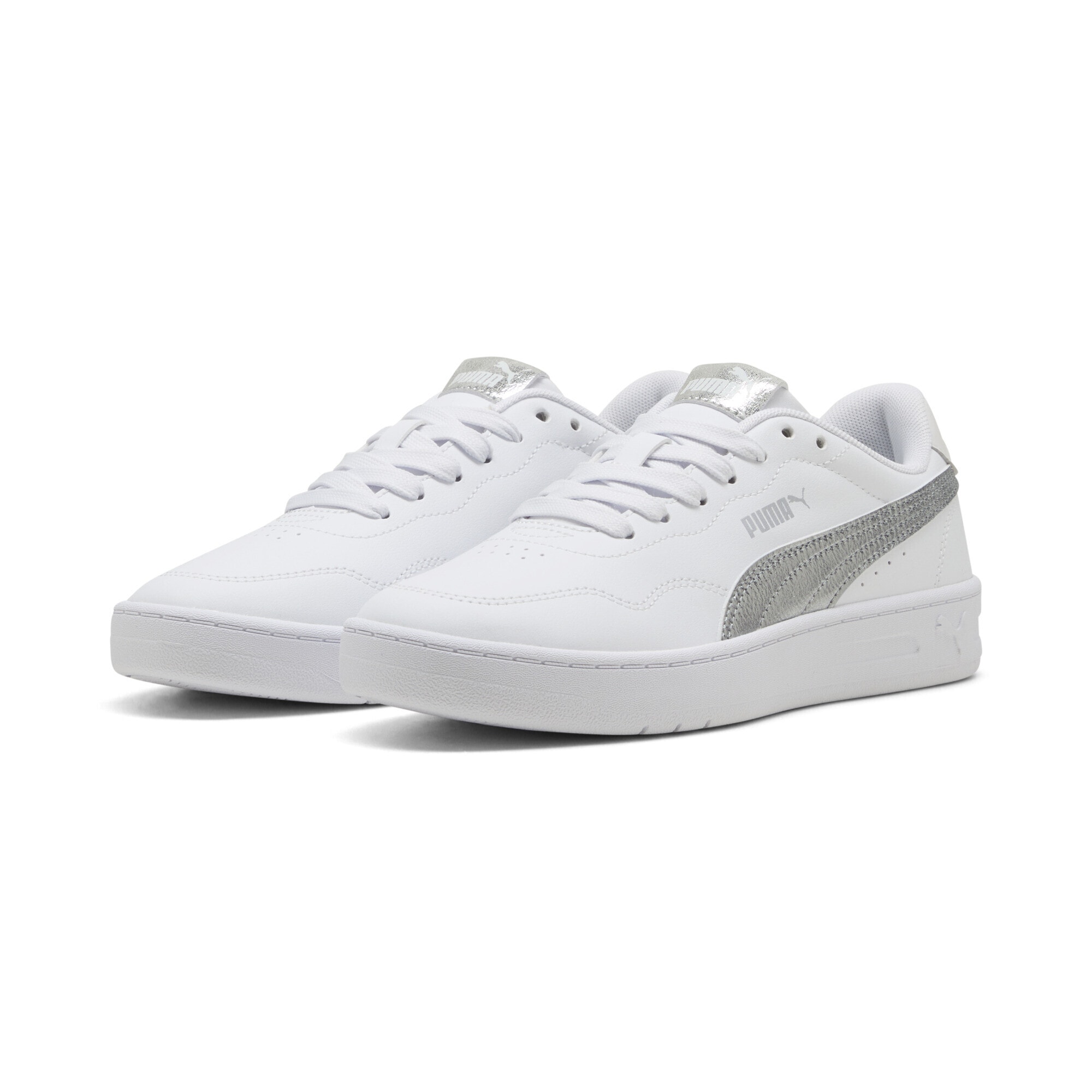 Sneaker PUMA "Court Lally Metallic Whisper Sneakers Damen", Damen, Gr. 40.5, weiß silber metallic, Obermaterial: Textil, Synthetik; Futter: Textil; Innensohle: Textil; Laufsohle: Gummi, Schuhe Sneaker
