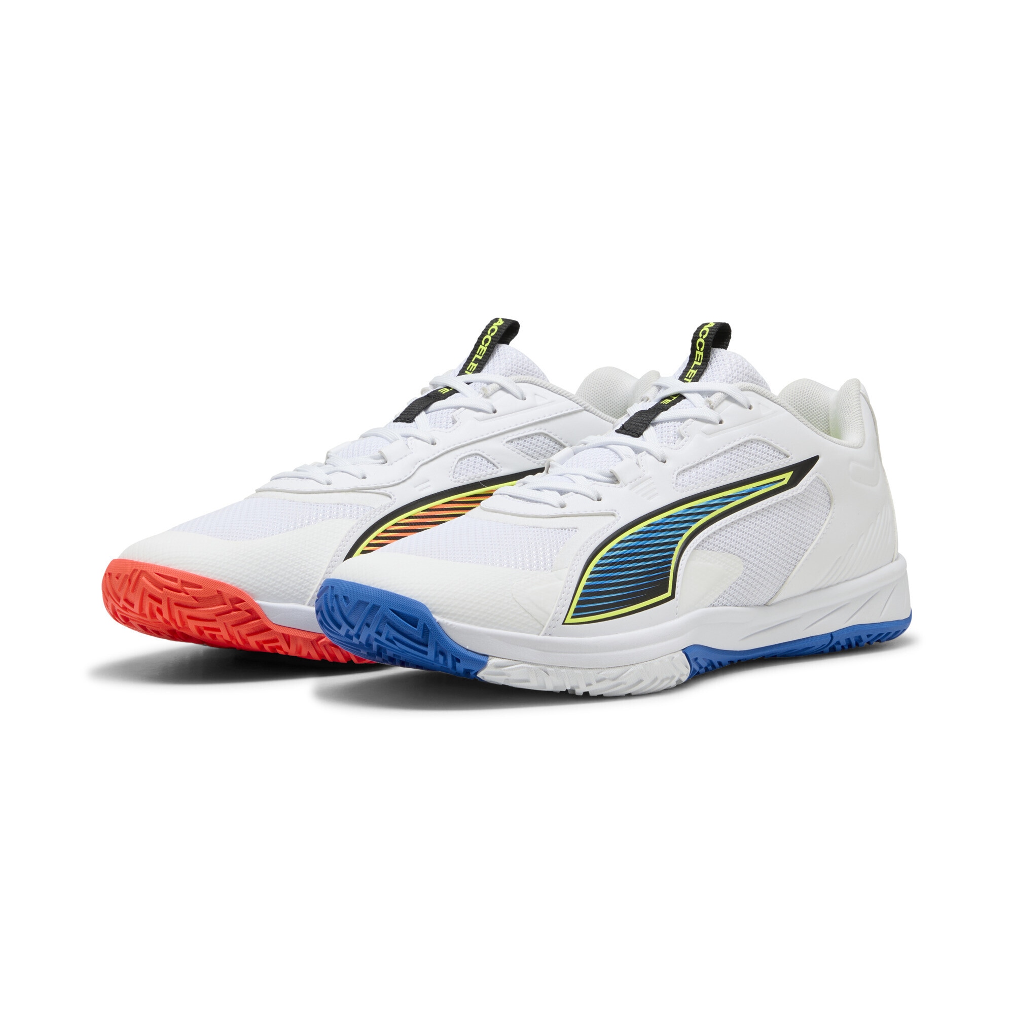 Sneaker PUMA "Accelerate Pro 4 Game On Handballschuhe Erwachsene", Damen, Gr. 40, weiß glowing rot ultra blau, Obermaterial: Synthetik, Textil; Futter: Textil; Innensohle: Textil; Laufsohle: Gummi, Synthetik, Schuhe Sneaker