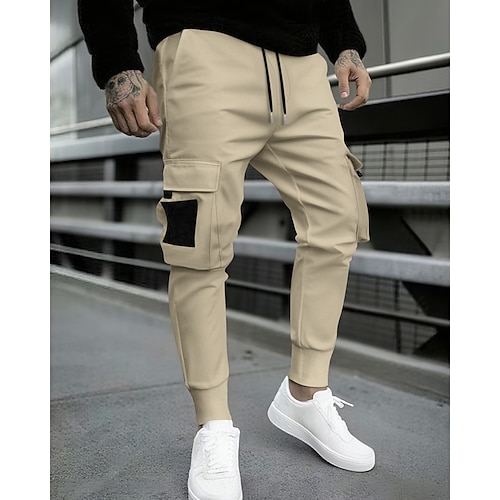 Herren Cargo-Hosen Jogginghose Jogger Hose Kordelzug Elastischer Bund Mehrere Taschen Einfarbig Winddicht Komfort Täglich Outdoor Ferien Streetwear Stilvoll Schwarz Armeegrün Image