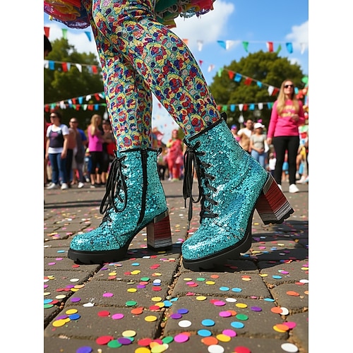 Damen Mardi Gras Glitzernde Pailletten Stiefel mit Blockabsatz Modisches Sternen Design Bequeme Passform Ideal für Karneval oder Partykleidung Image