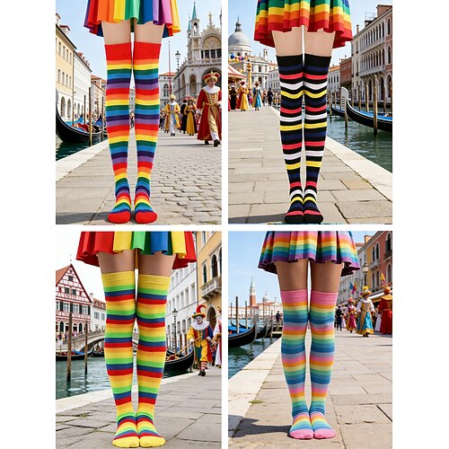 Damenschuhe Mardi Gras Bunte Regenbogen Oberschenkelstrümpfe 4er-Pack - Dehnbare gestreifte Karnevalskostüm-Strümpfe für Frauen lebhafter Festival-Stil für Karneval Party-Outfits Image