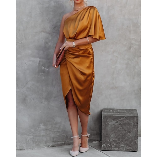 Damen Minikleid Satinkleid Abschlussballkleid Partykleid Cocktailkleid Elegant Modern Abendgesellschaft Party Cocktailparty Schlank Einfach Halbarm Ein-Schulter Schwarz Marineblau Orange Gold Sommer Image