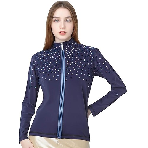 Eiskunstlauf-Fleecejacke für Damen und Mädchen, lila, dehnbar, Trainings- und Wettkampfbekleidung, wärmend, mit Kristall-/Strasssteinen, langärmlig, für Eiskunstlauf Image