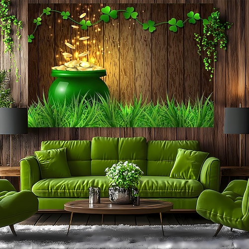 St. Patricks Day Tapisserie Banner Decke Goldmünze Kleeblatt Niedlich Romantisch 3D Schlafzimmer Wohnzimmer Wohnheim Jugendzimmer Studentenwohnheim Wandveranda Wohndeko Image
