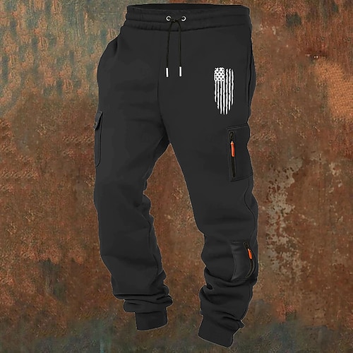 Herren Cargo-Hosen Jogginghose Hose Kordelzug Tasche Elastischer Bund Amerikanische US-Flagge Komfort Atmungsaktiv Lässig Täglich Outdoor Urlaub Mode Schwarz Weiß Image