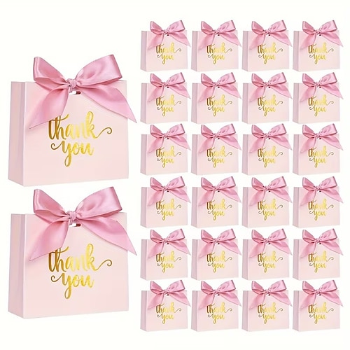 24PCS Sacchetti Regalo Rosa per il Giorno di San Valentino con Etichette "Grazie" e Nastri a Fiocco Sacchetti per Feste per Matrimoni Feste Nuziali Damigelle Festa della Mamma Compleanni Baby Shower