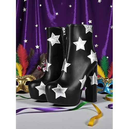 Damen Mardi Gras Plateau-Ankle Boots mit silbernen Sternen-Details Absatzhöhe stilvolle Party- und Karnevalsschuhe Image