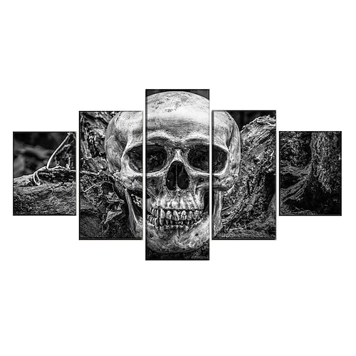 5 Paneele Halloween-Drucke schwarze Totenköpfe moderne Wandkunst Wandbehang Geschenk Heimdekoration gerollte Leinwand ungerahmt ungedehnter Malkern Image
