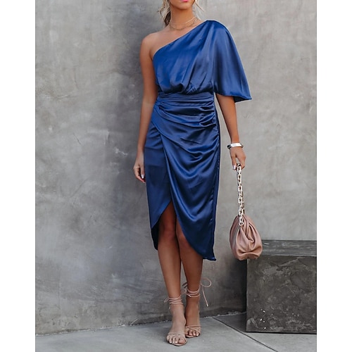 Per donna Mini Abito Abito in Raso Abito da Ballo Vestito da Festa Abito da Cocktail Elegante Moderno Festa serale Feste Cocktail party Taglia piccola Semplice Mezza Manica Monospalla Nero Blu marino