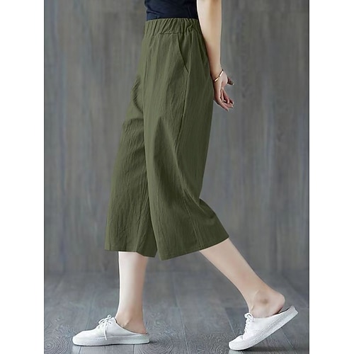 Damen Hose aus Baumwollleinen Hose Sommerhose Baggy-Hosen Urlaub Basic Lässig Wadenlang Hohe Taille Einfach Tasche Elastischer Bund Komfort Weich Atmungsaktiv Dehnbar Strand Ferien Schwarz Weiß Gelb Image