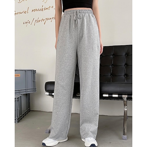 Damen Weite Hosenbeine Chinos Jogginghose Streetwear Lässig Volle Länge Mittlere Taillenlinie Einfach Kordelzug Tasche Elastischer Bund Bequem Dehnbar Täglich Outdoor Urlaub Schwarz Grau Frühling Image