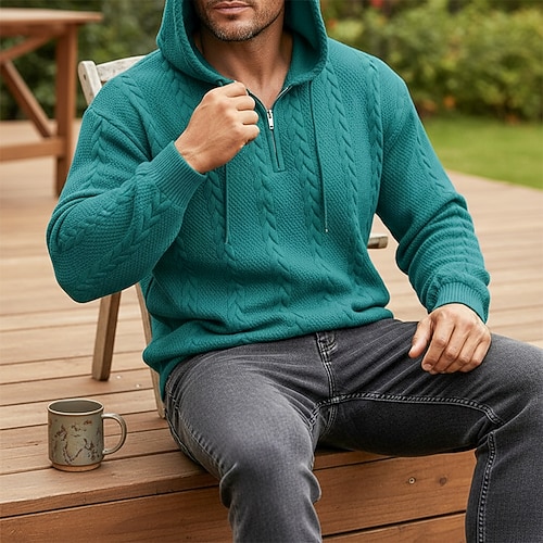 Herren Jacquard Pullover Kapuzensweatshirt Viertelreißverschluss Kapuzensweatshirt Aprikose Schwarz Weiß Hellgrün Wein Mit Kapuze Einfach Reißverschluss Strukturiert Lässig Täglich Sport Outdoor Image