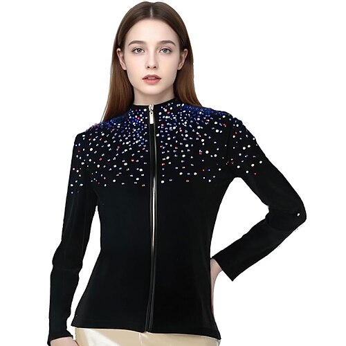 Eiskunstlauf-Fleecejacke für Damen und Mädchen, lila, dehnbar, Trainings- und Wettkampfbekleidung, wärmend, mit Kristall-/Strasssteinen, langärmlig, für Eiskunstlauf Image