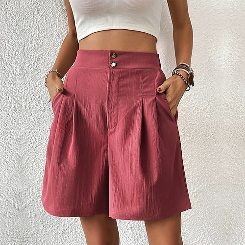 Damen Shorts Sommershorts Bermudashorts Strandshorts Urlaub Mode Streetwear Volle Länge Hohe Taille Einfarbig Tasche Elastischer Bund Komfort Weich Bequem Unelastisch Outdoor Straße Ferien Aprikose Image