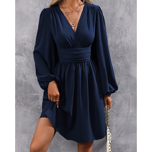 Damen Minikleid Freizeitkleid Gerafftes Kleid Modern Täglich Ausgehen Wochenende Normale Passform Einfach Langarm V Ausschnitt Schwarz Wein Armeegrün Marineblau Frühling Herbst Image