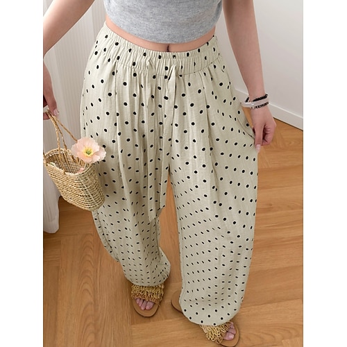 Damen Hose aus Baumwollleinen Weites Bein Urlaub Basic Lässig Volle Länge Hohe Taille Tupfen Tasche Elastischer Bund Druck Bequem Komfort Weich Dehnbar Outdoor Straße Schwarz Weiß Khaki Sommer Image