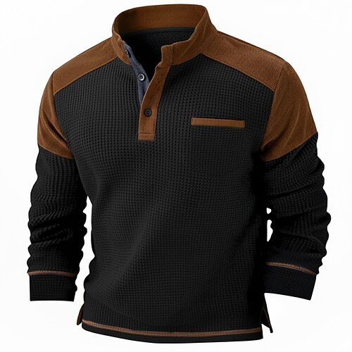 Herren Waffel T-Shirt T Shirt Waffel-Henley-Hemd Langarm Henley Winter Frühling Herbst Einfarbig Traditionell / Vintage Rein Lässig Heim Outdoor Schwarz Marineblau Grün Top T-Shirt für Herren Image