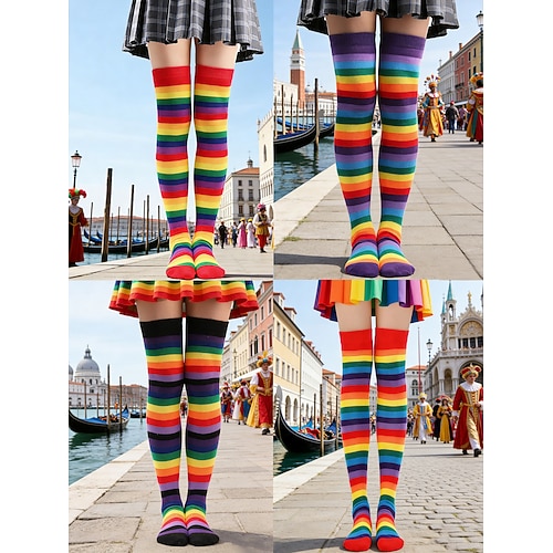 Damenschuhe Mardi Gras Bunte Regenbogen Oberschenkelstrümpfe 4er-Pack - Dehnbare gestreifte Karnevalskostüm-Strümpfe für Frauen lebhafter Festival-Stil für Karneval Party-Outfits Image