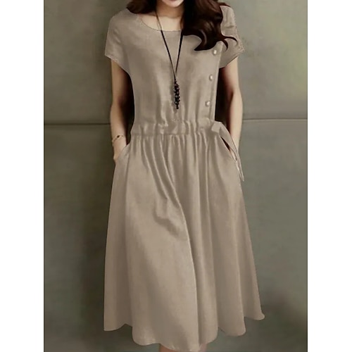 Damen Baumwoll-Leinen Mini Kleid A-Linien Kleid Sommerkleid Lässig Täglich Reguläre Passform Einfarbig Kurzarm Rundhals Rot Marineblau Olivgrün Aprikose Sommer Frühling Image