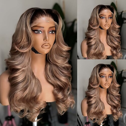 Remy Echthaar 5x5 Verschluss 13x4 Spitzenfront Perücke Freier Scheitel Brasilianisches Haar Gewellt Blond Braun Perücke 150% 180% Haardichte Ombre-Haar Hervorgehobenes / Balayage-Haar 100 Image