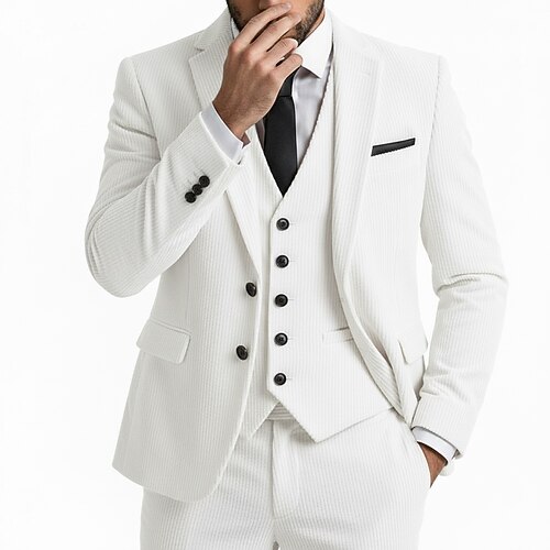 Herren Lässig Geschäft Cordanzug Gekerbtes Revers Weiß Burgunderrot Mode Täglich Gestreift Figurbetonter Schnitt 3-teilig Einreihige Zwei-Knopf-Jacke Image