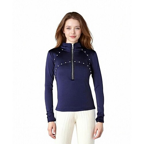 Eiskunstlauf-Fleecejacke für Damen und Mädchen, schwarz, dehnbar, Trainings- und Wettkampfbekleidung, wärmend, mit Kristall-/Strasssteinen, langärmlig, für Eiskunstlauf Image
