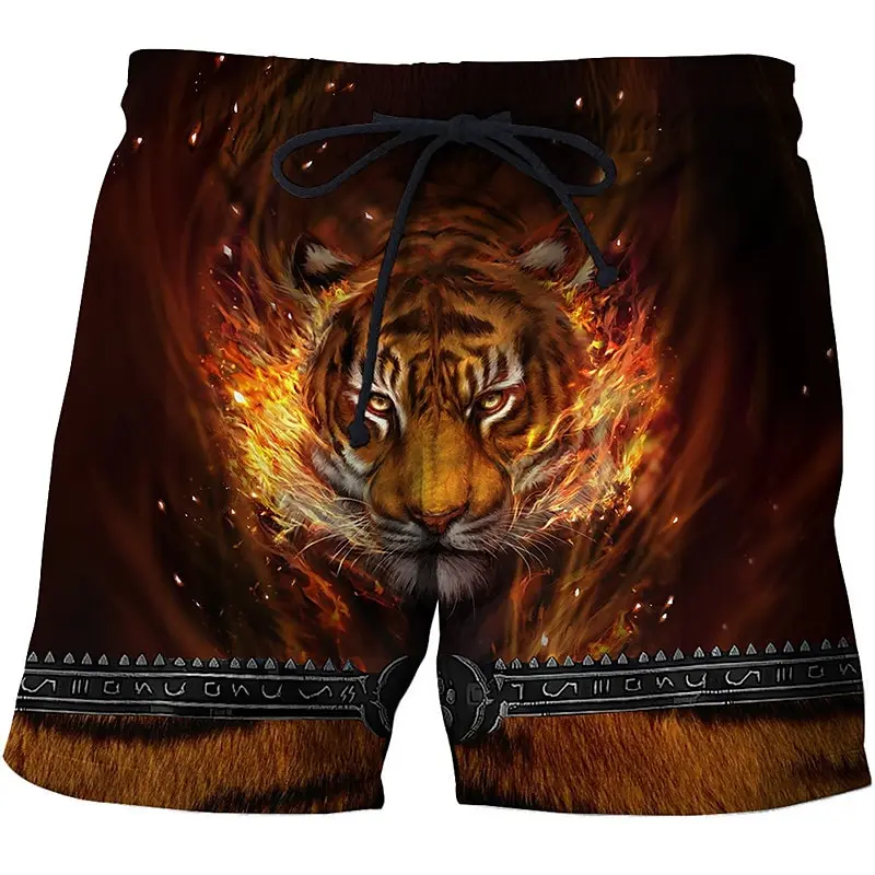 Men's Board Shorts Swim Summer Beach Pocket Drawstring Elastic Waist Tiger Letter Quick Dry Hawaiian Trunks Image