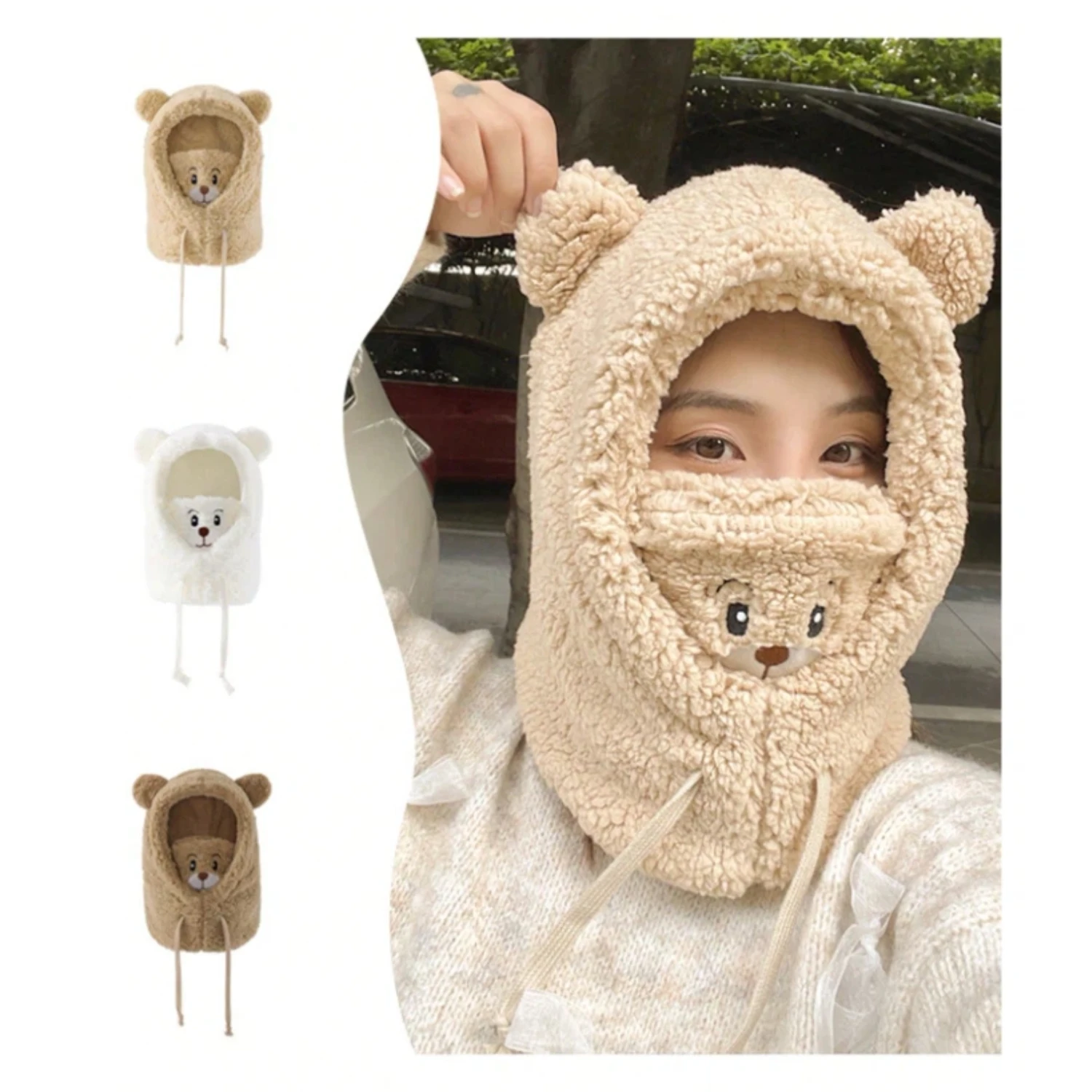 1-teilige Damen-Schal-Mütze mit niedlichem Bären-Design, Kombination aus warmer Plüschkapuze und Maske, geeignet für Herbst und Winter Image