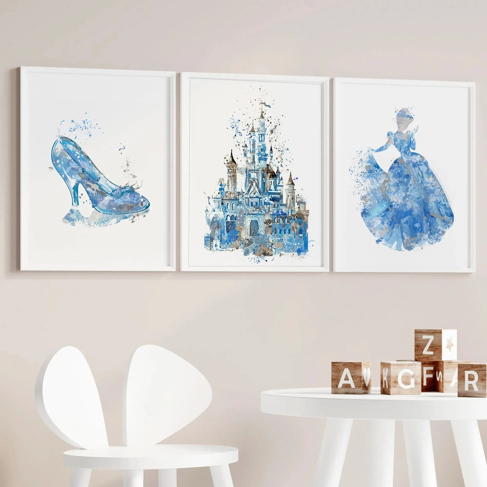 MINISO Disney Schloss Aquarell Malerei Prinzessin Leinwand Poster Cinderella Mädchen Zimmer Dekoration Kinderzimmer Kristall Schuhe