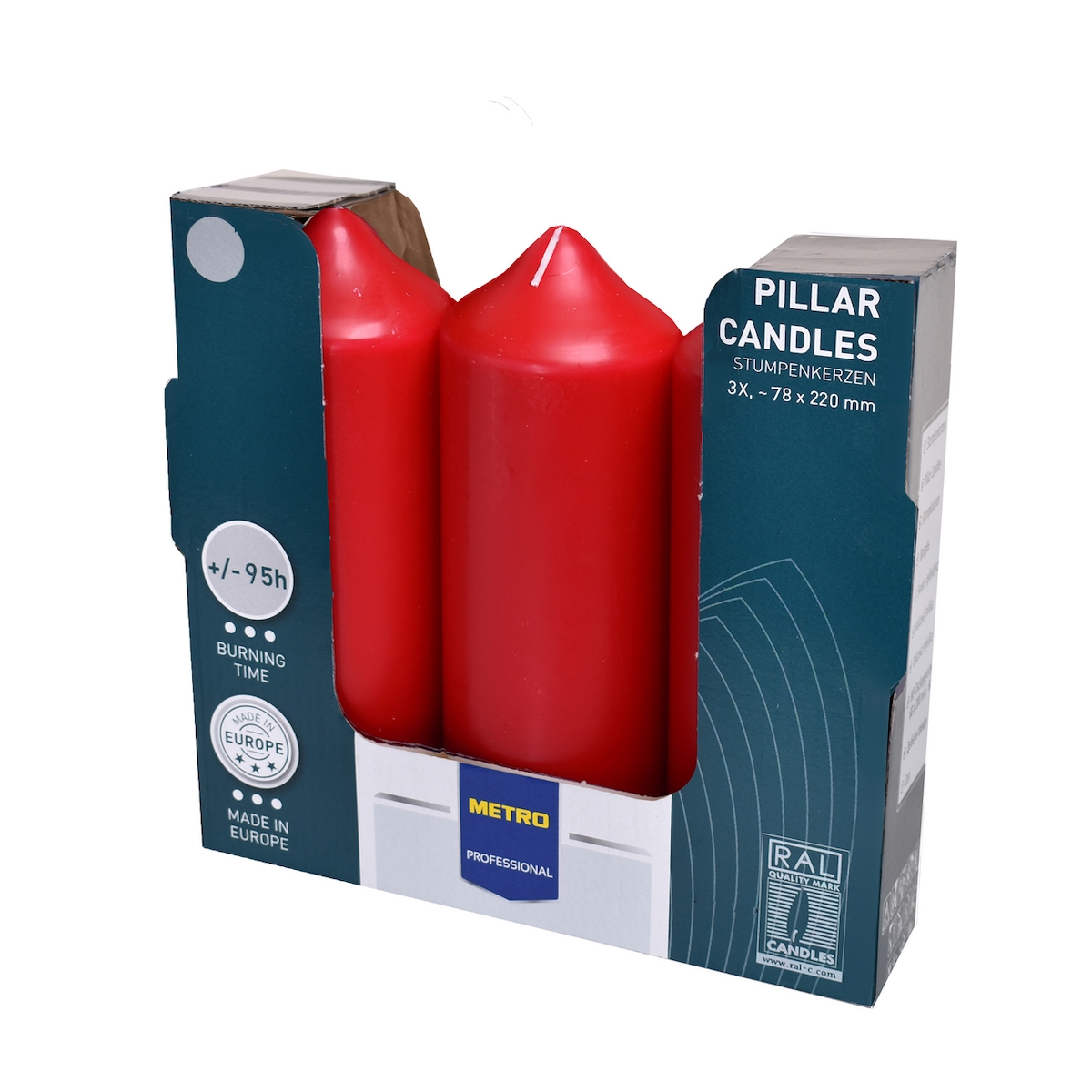 METRO Professional Stumpenkerzen, Paraffin, Ø 7.8 x 22 cm, 95 Stunden Brenndauer, rot, 3 Stück Image