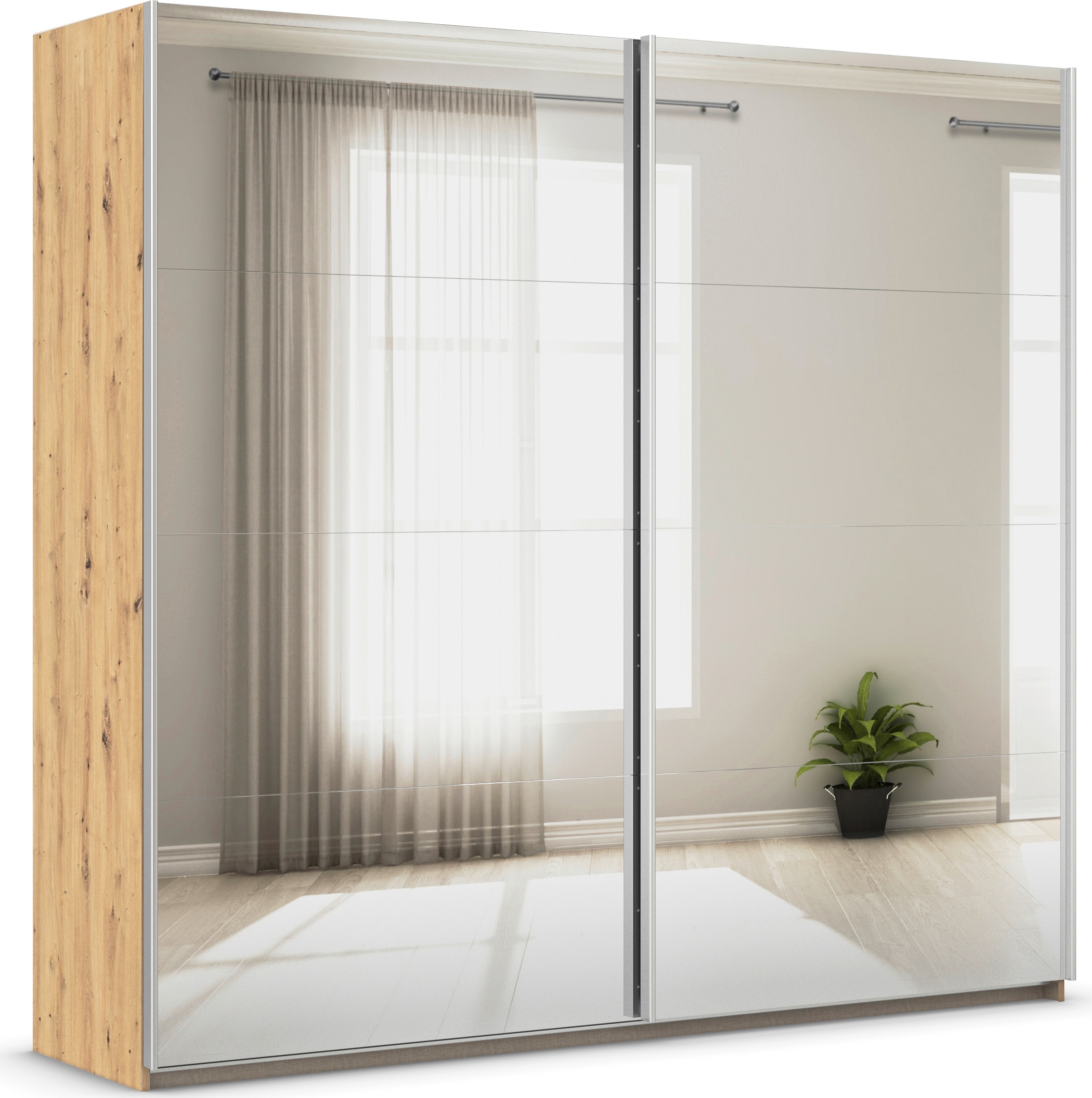 Kleiderschrank RAUCH "Schwebetürenschrank Schrank Garderobe Wäscheschrank ASTANA", eiche artisan, B:218cm H:210cm T:59cm, Holzwerkstoff, Schränke, Kleiderschrank, großflächige Spiegelfront Metallgriffleisten alufarbig MADE IN GERMANY