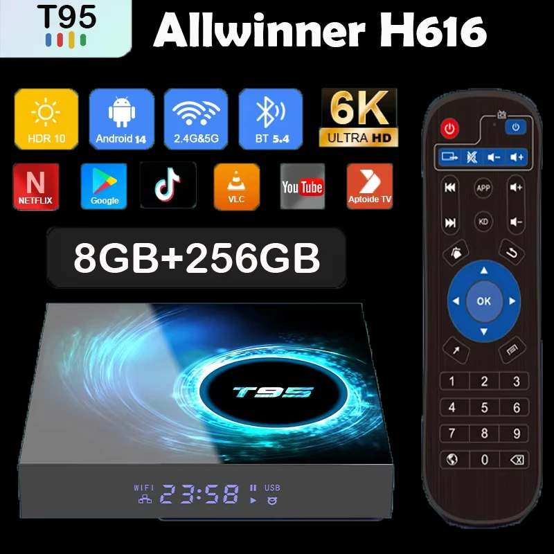 Android14 T95 Smart TV Box 8GB 256GB Allwinnerh616 Media Player Dual WiFi Bluetooth 5.4 Fernbedienung Unterstützung Google Voice Set Top Box Image