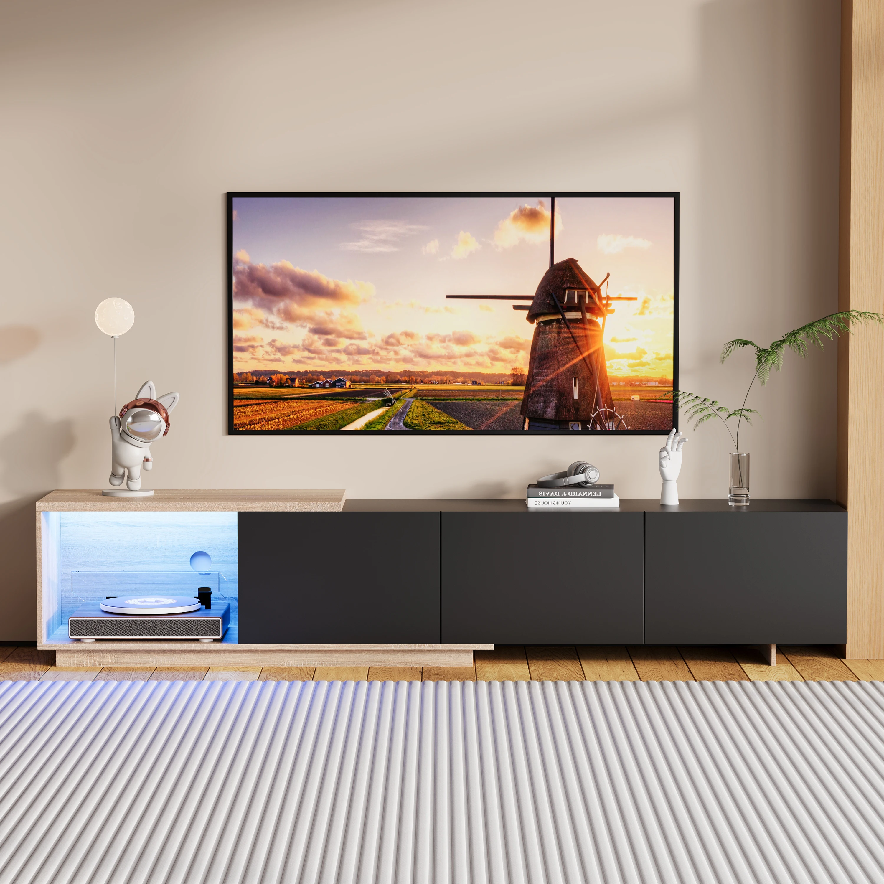 Rosahqnda Meuble TV extensible 163 cm-240 cm de long, meuble TV bas avec 3 tiroirs, meuble TV pour téléviseurs jusqu'à 65 po, bande lumineuse à induction