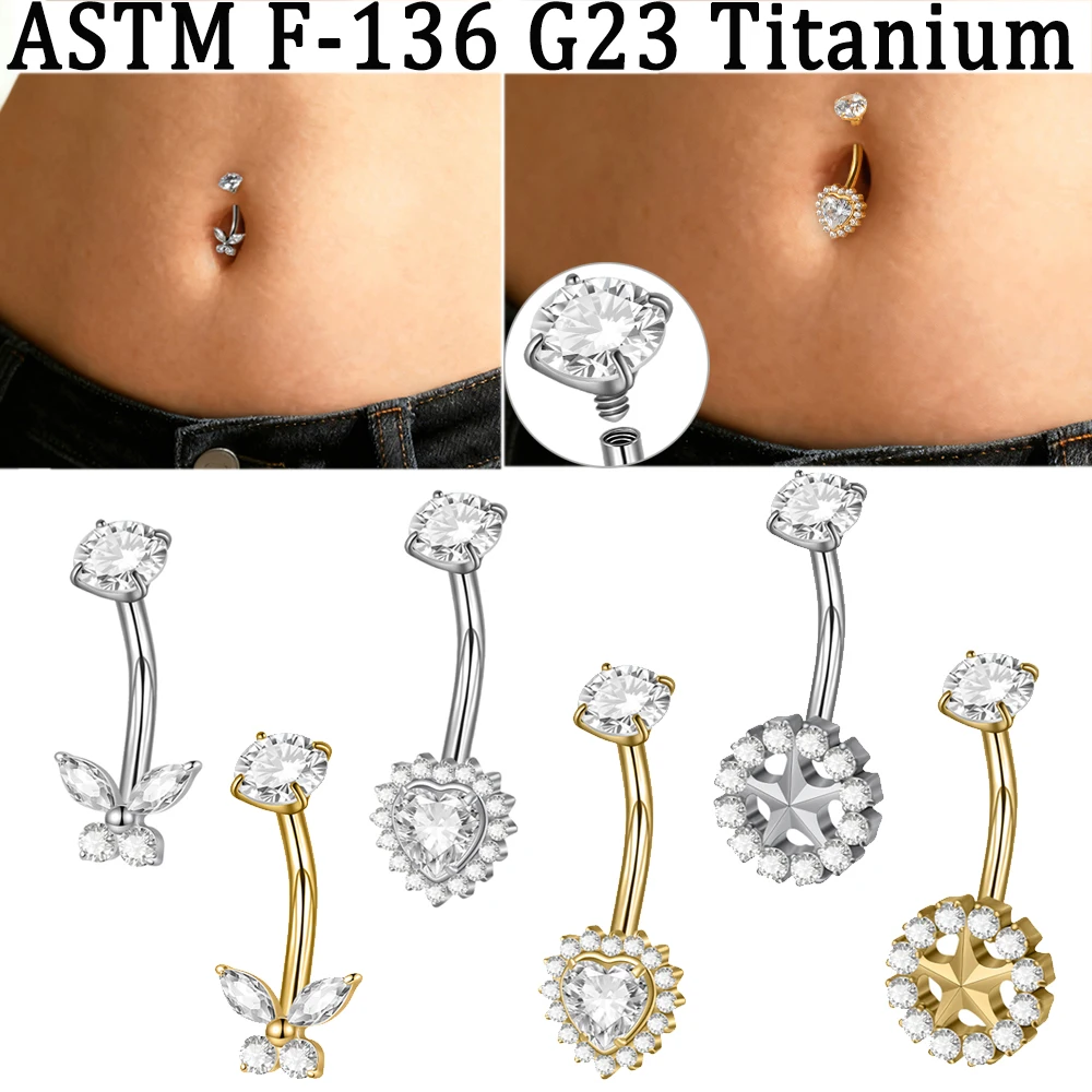 2-1PCS Shiny CZ Schmetterling Herz Marquise Bauchnabel Ringe G23 Reinem Titan Zirkonia Nabel Gebogene Barbell Bauch piercing Ring Image