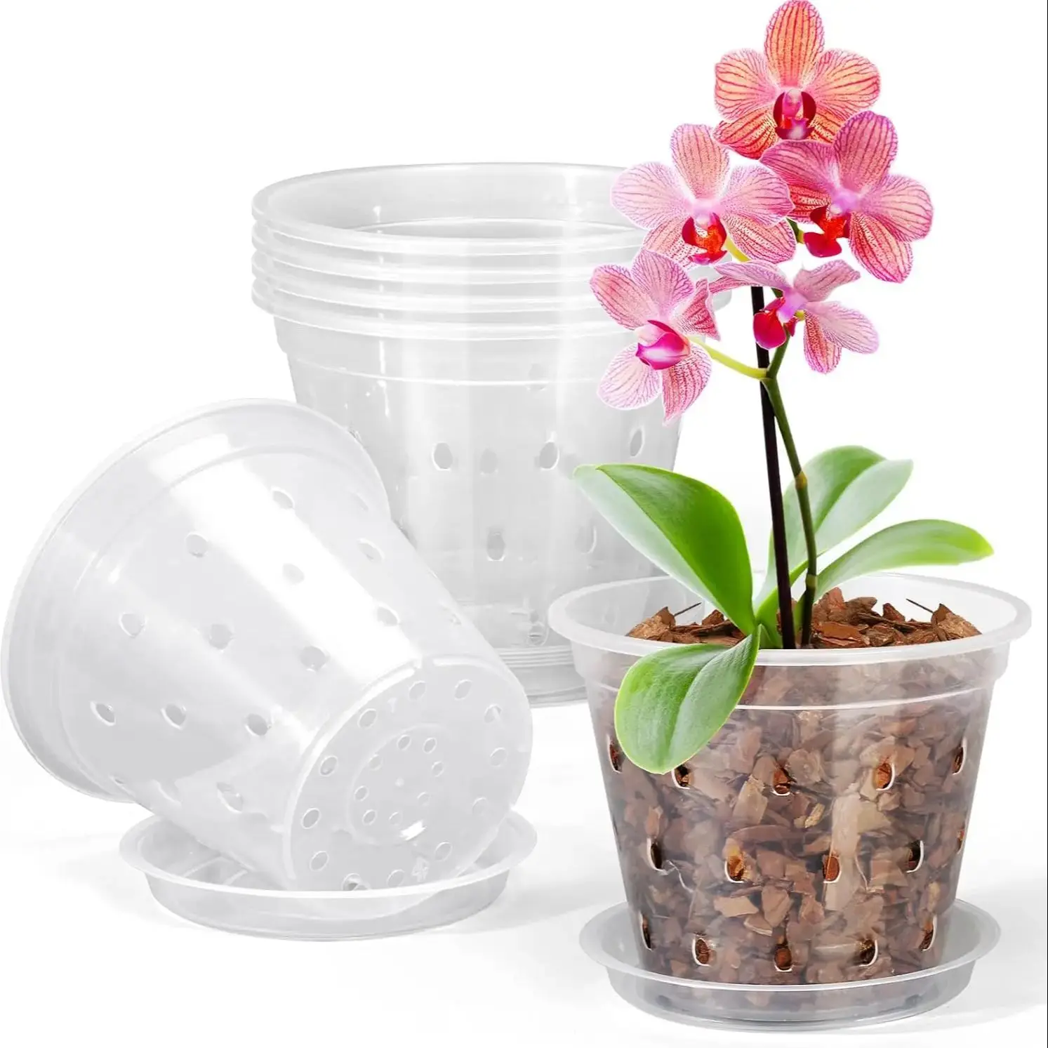 5 Stück transparenter Orchideentopf, 4/5/6/7 Zoll, Pflanzgefäß mit Löchern und Untertassen, atmungsaktiver Blumentopf für Kinderzimmer Image