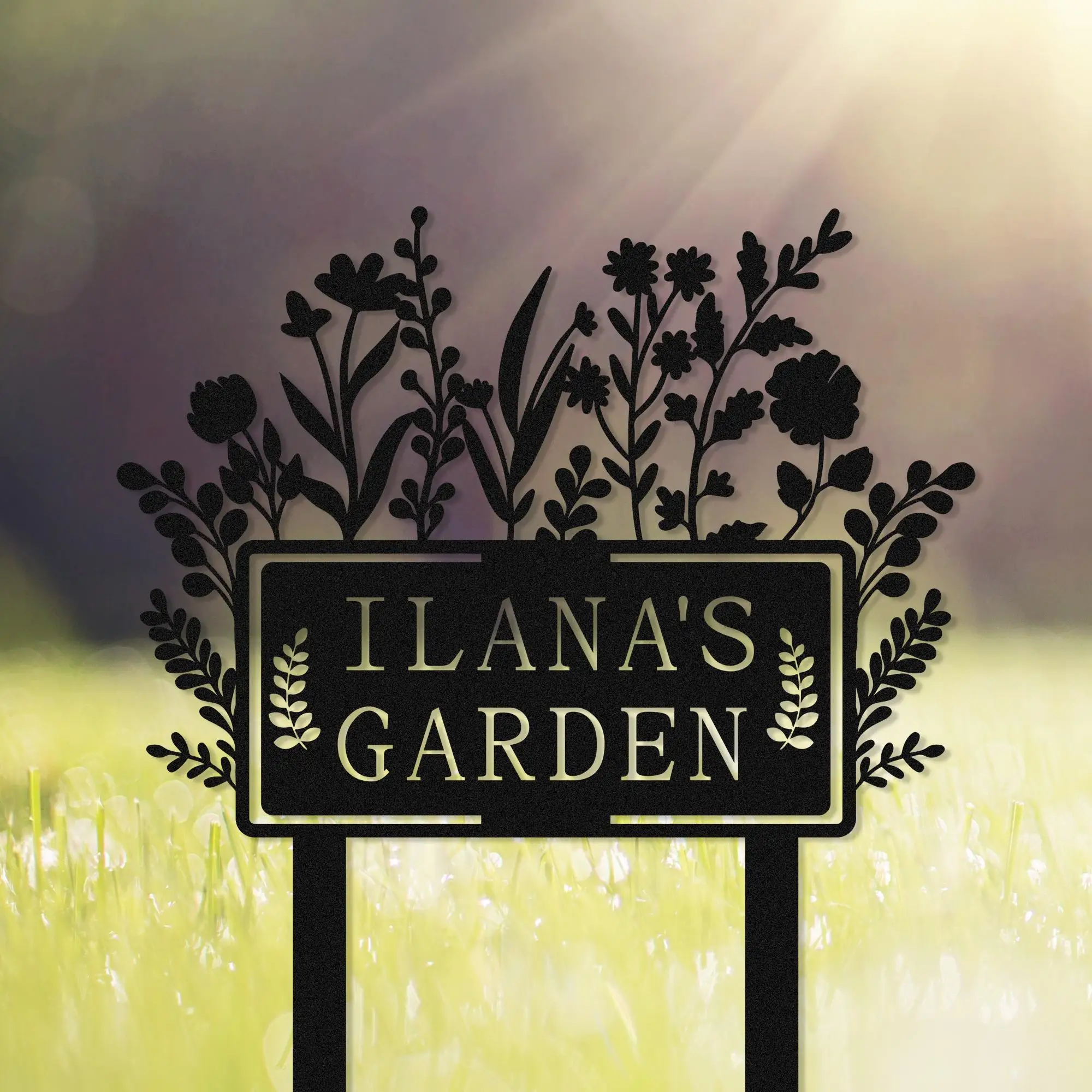 Panneau de jardin personnalisé avec piquet, nom de jardin en métal personnalisé, fleur avec piquets, panneau de jardin, décoration de jardin, signe de cour, cadeau de maison