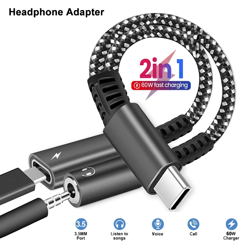 1 Stück 2 Stück USB Typ C auf 3,5 mm Kopfhörer- und Ladegerät-Adapter 2-in-1 USB C auf AUX Audio Jack Dongle Ladekabel für schnelles Samsung Image