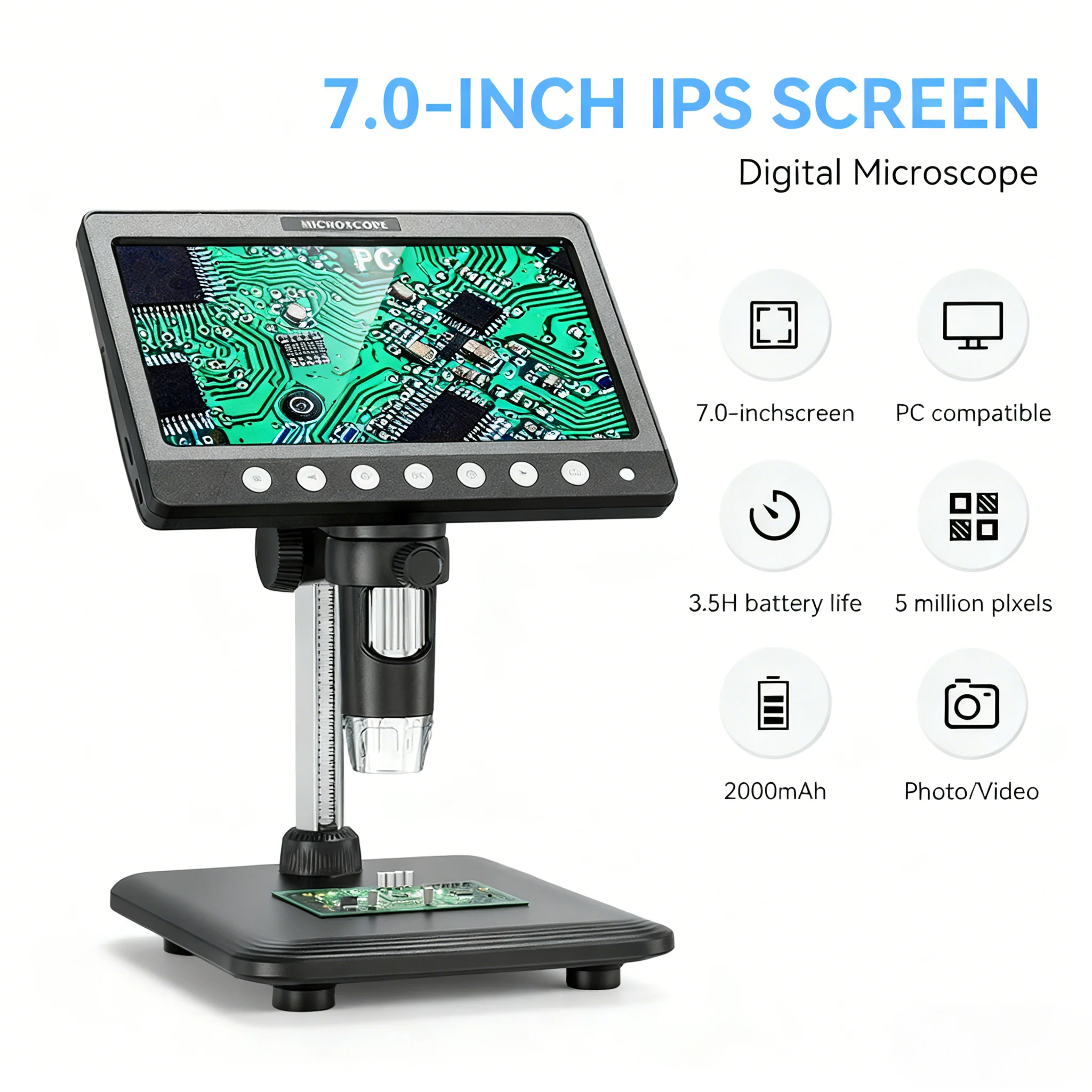 17,78 cm digitales Mikroskop, 5 MP HD-Soldring-Mikroskop, 1200-fache Vergrößerung für die Reparatur von Münzen, PCB-Schaltkreisen, kompatibel mit Windows/Mac OS Image