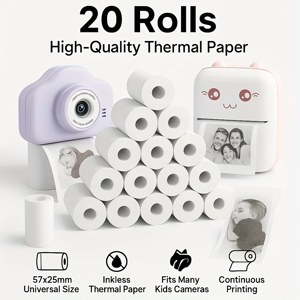 20 Rollen 57 mm breites weißes Thermopapier für Drucker im Taschenformat, Sofortbildkamera-Druck – kompatibel mit den meisten Mini-Fotos Image