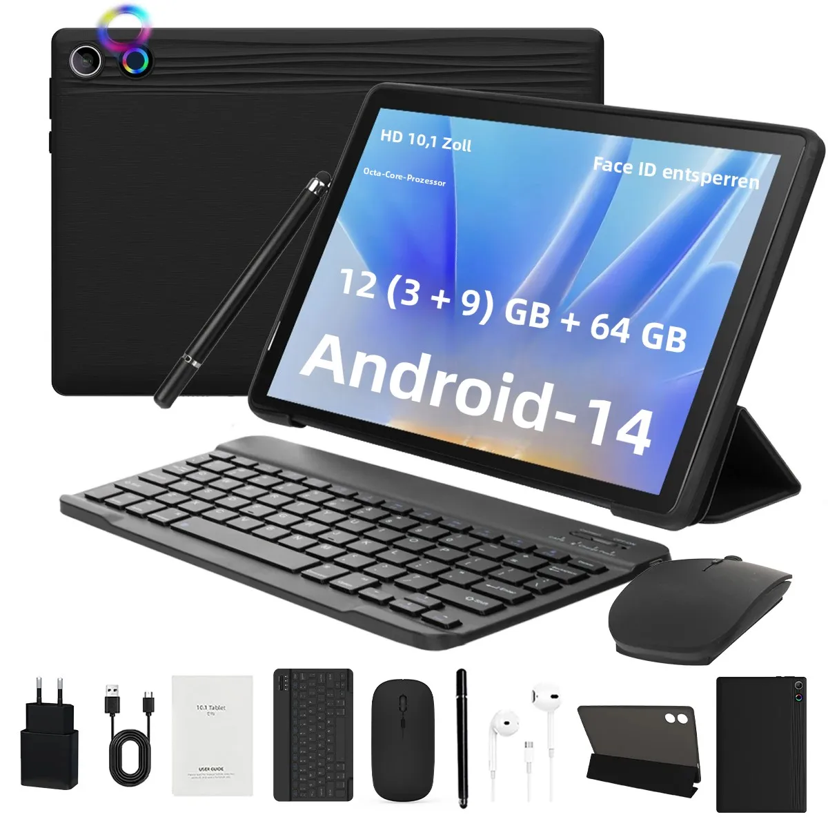 Android14 Tablet 10 Zoll 12GB RAM 64GB ROM Erweiterbar auf 1TB WIFI6 WidevineL1 GMS 5000mAh Stylus Tastatur Maus Kopfhörer Hülle Set Image