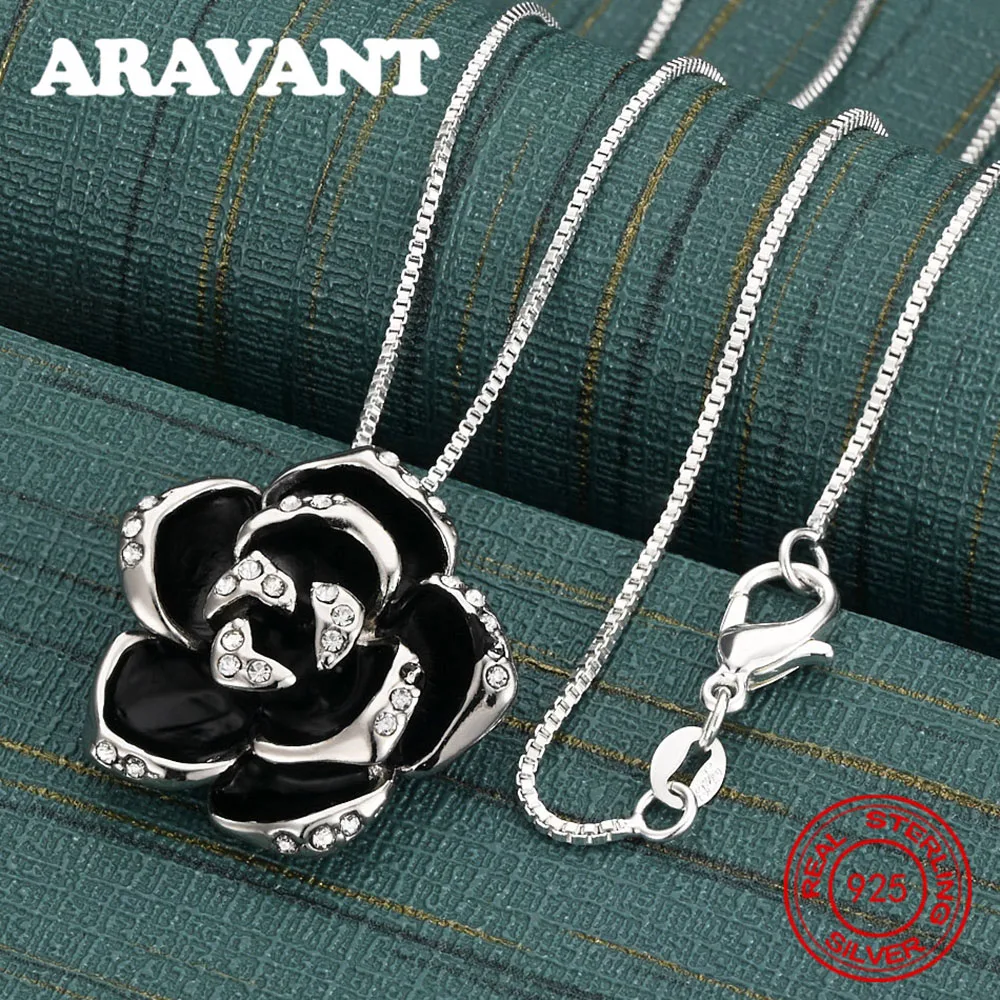 Halskette mit Anhänger aus 925er-Sterlingsilber, Zirkon, schwarze Rose, für Damen, Pendler-Accessoire, Weihnachtsgeschenk-Schmuck Image