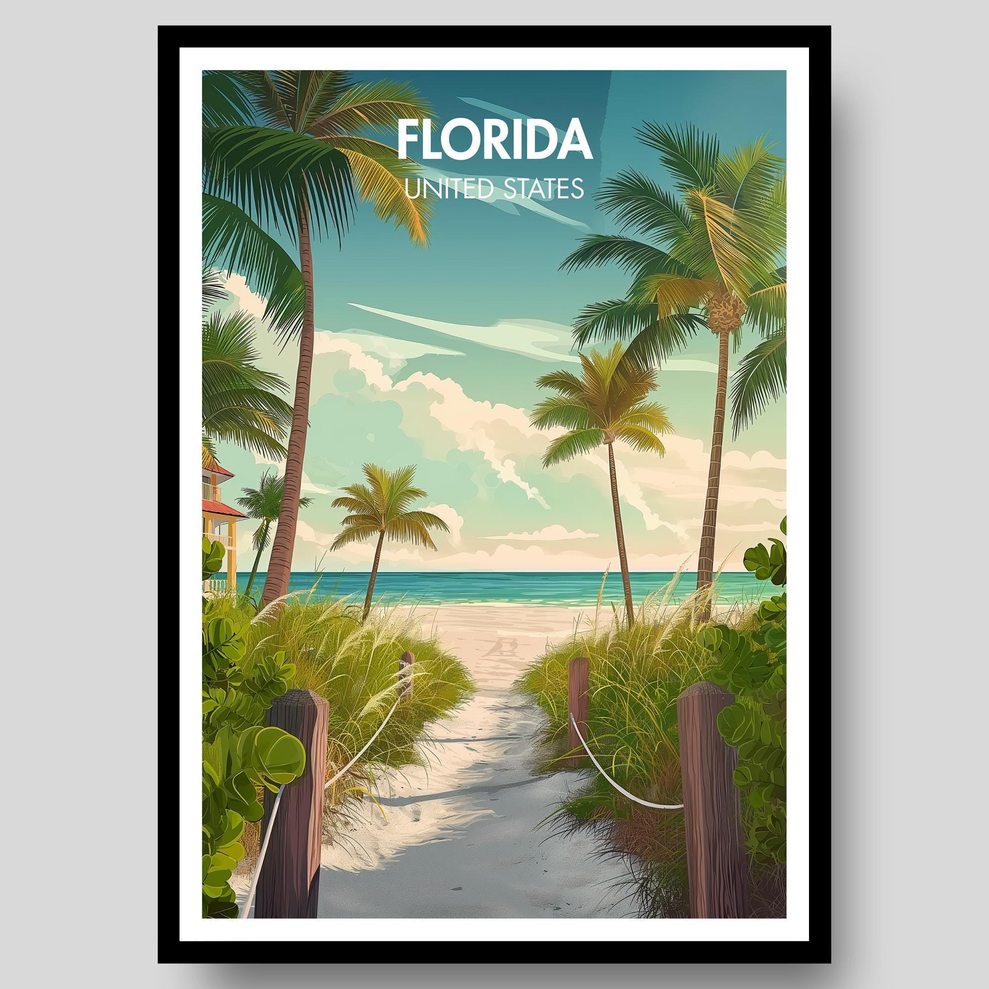 Poster della Florida - Florida - Stampa della Florida - Arte murale della Florida - Mappa della Florida - Poster di Miami - Arte della Florida - Key W