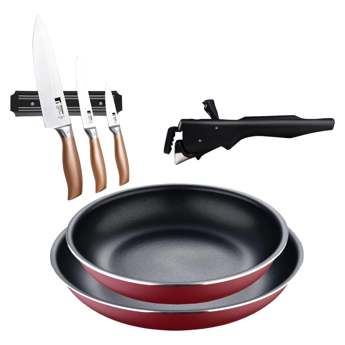 BERGNER - Set aus 2 Pfannen Ø22/26 cm gepresstes Aluminium Rot mit abnehmbarem Griff mit Set aus 3 Edelstahlmessern mit magnetischer Wandhalterung Image