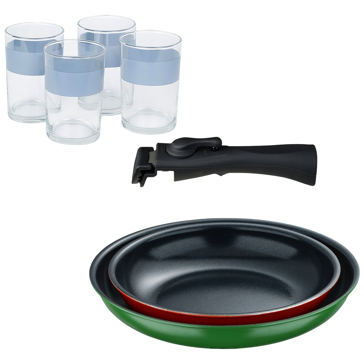 BERGNER - Set aus 2 Pfannen Ø22/26 cm gepresstes Aluminium mit abnehmbarem Griff mit Set aus 4 Gläsern 0,5 L Image