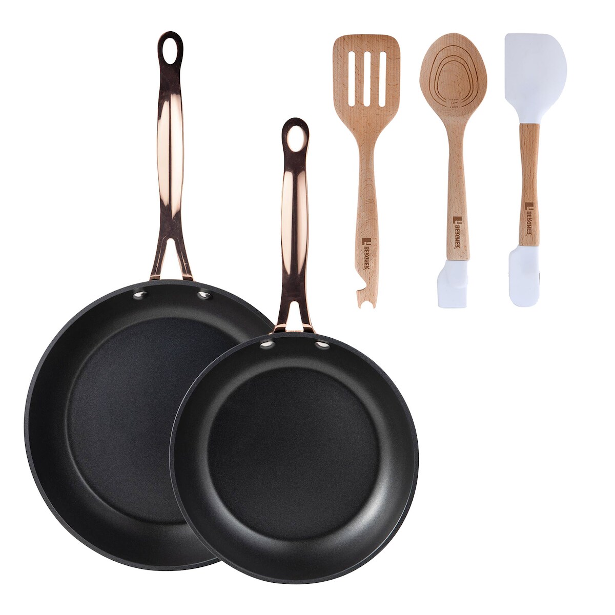 BERGNER - Set aus 2 Pfannen Ø20/24 cm aus geschmiedetem Aluminium Schwarz Matt mit Set aus 3 Küchenutensilien aus Silikon und Holz Image