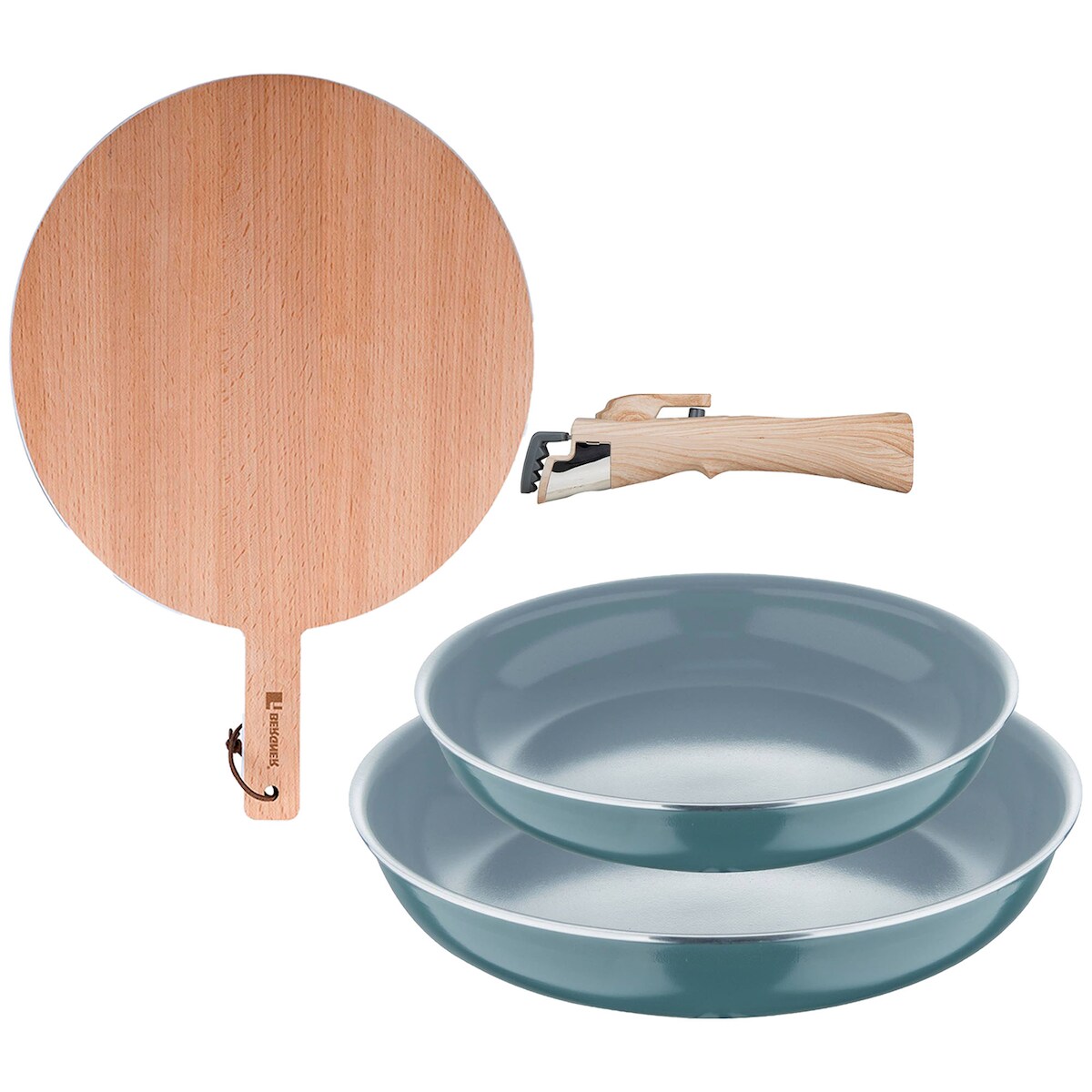 BERGNER - Set aus 2 Pfannen Ø24/28 cm aus recyceltem gepresstem Aluminium Grün mit abnehmbarem Griff mit Rundes Schneidebrett aus Buchenholz Image