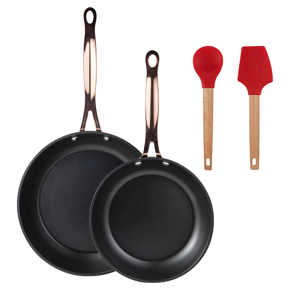 BERGNER - Set aus 2 Pfannen Ø20/24 cm aus geschmiedetem Aluminium Schwarz Matt mit Set aus 2 Küchenutensilien EXCALIBUR Image