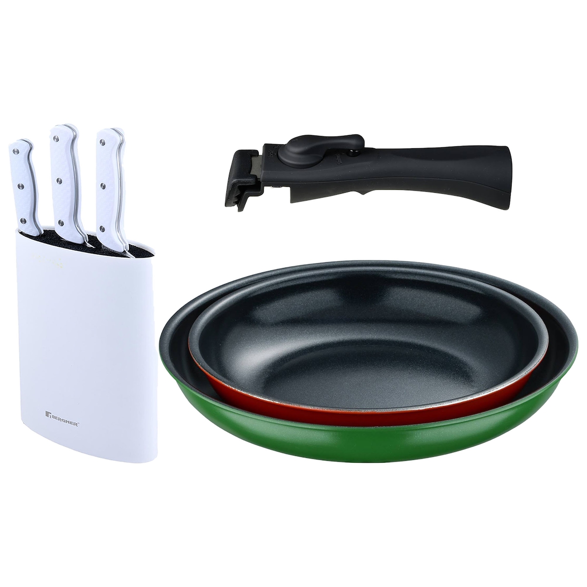 BERGNER - Set aus 2 Pfannen Ø22/26 cm gepresstes Aluminium mit abnehmbarem Griff mit Set aus 3 Messern mit Tacoma Edelstahl Image